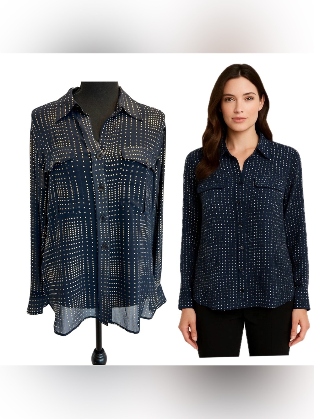 Ellen Tracy navy blue blouse gold graphic square print chest pockets sheer Sz S